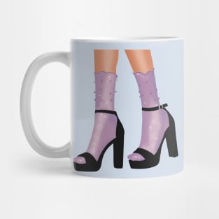 Black strappy platform heel with purple socks that are adorned with pearls and diamanté's Mug